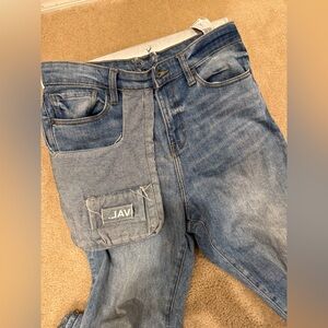 VAL KRISTOPHER Distressed Patchwork  Cargo Space , Belted Jeans Men  W30